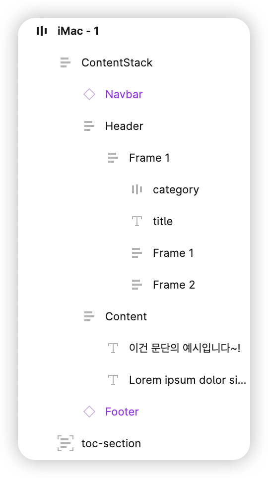 Figma의 Auto Layout 기능을 적극적으로 활용하여 분리되어 있는 레이어들.